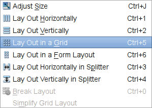 Screenshot showing the option to Lay Out in a Grid in the Qt Widgets Designer editor