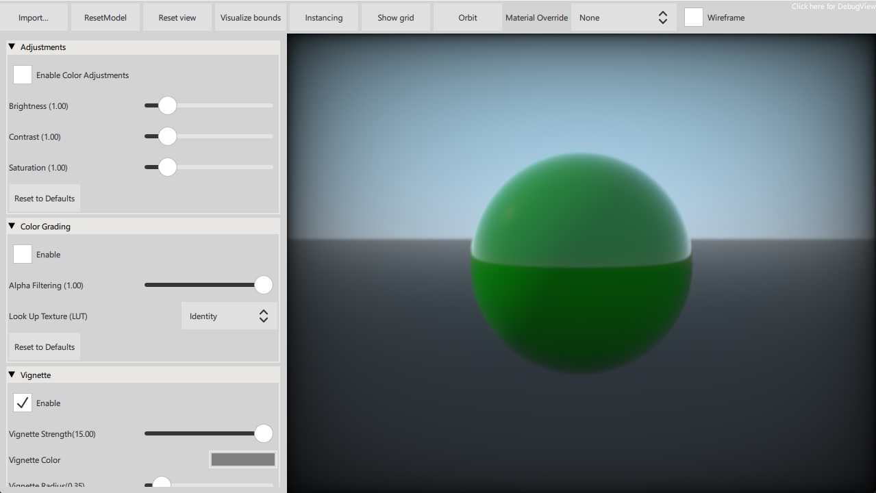 Green sphere with environment controls and toolbar