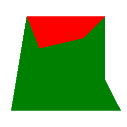 Distorted cube with red back and green front and sides