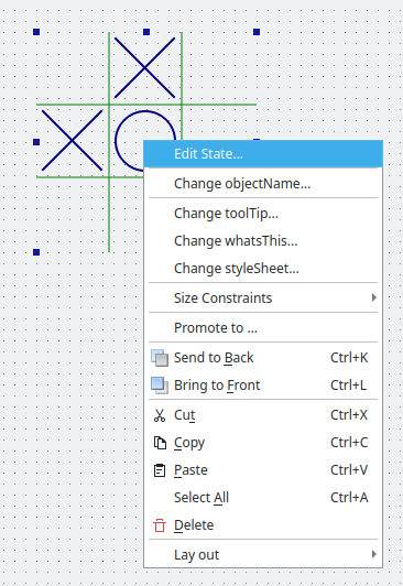 Screenshot of a custom "Edit State..." action in a context menu of Qt Widgets Designer.