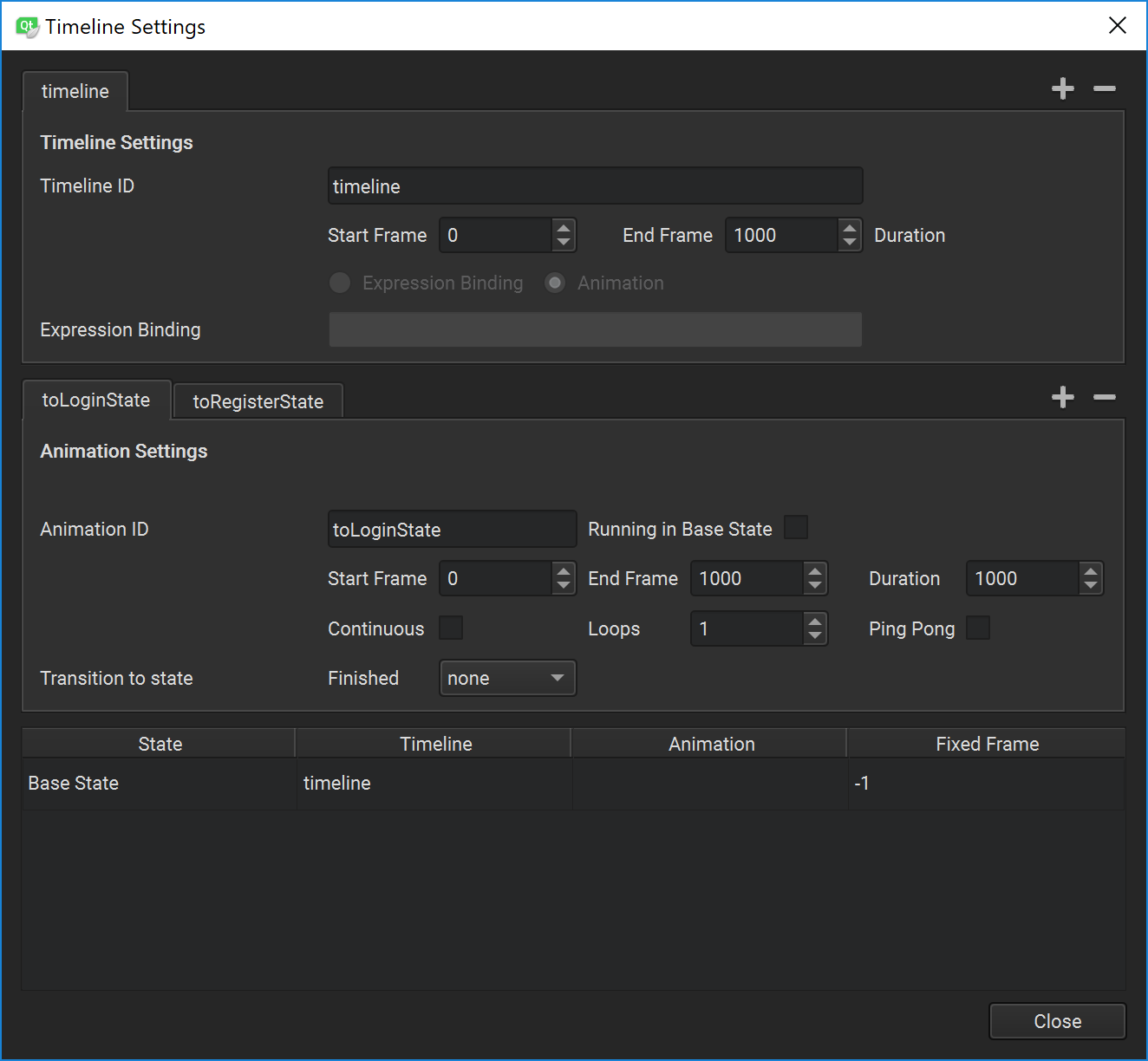 Timeline settings panel in Qt Design Studio