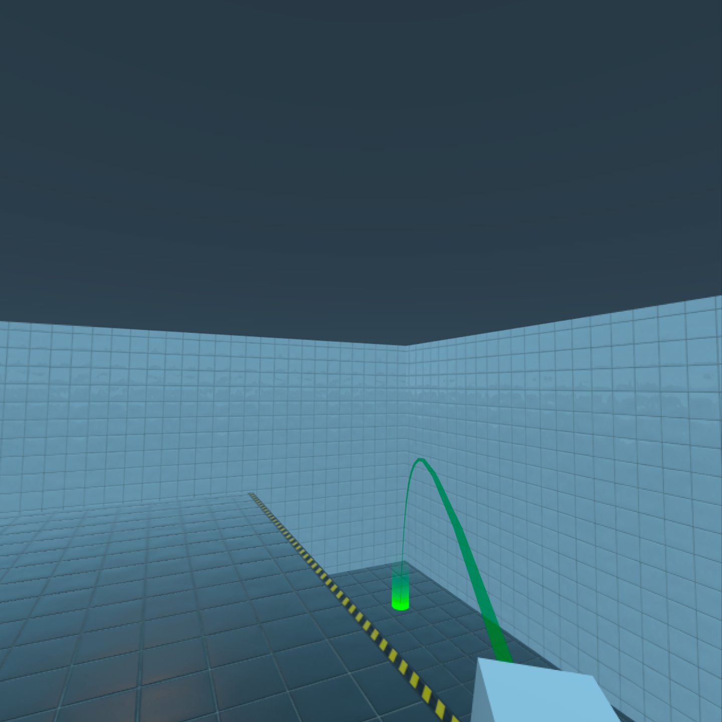 Grid room with green teleportation arc and target marker