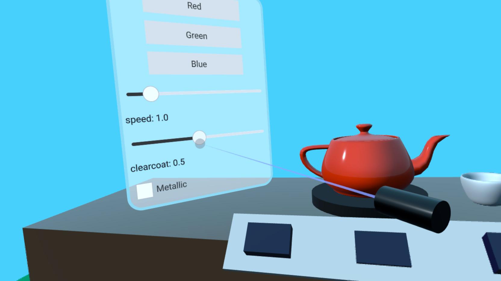 Teapot with XR controller ray pointing at UI panel with color buttons