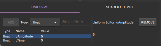 Uniforms panel with float parameters