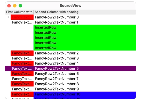 SourceView window with two-column table and colored row highlighting