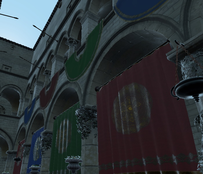 Architectural scene with no antialiasing showing jagged edges
