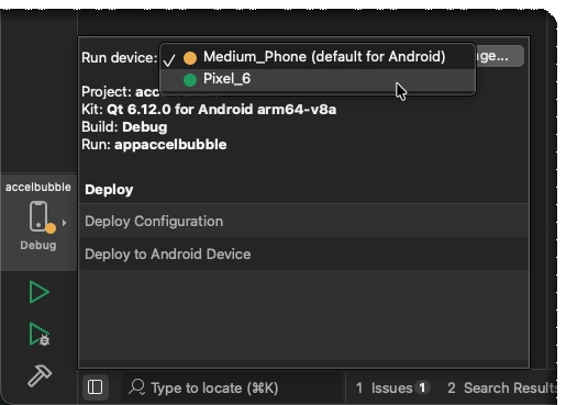 Chose the device to run the application on
