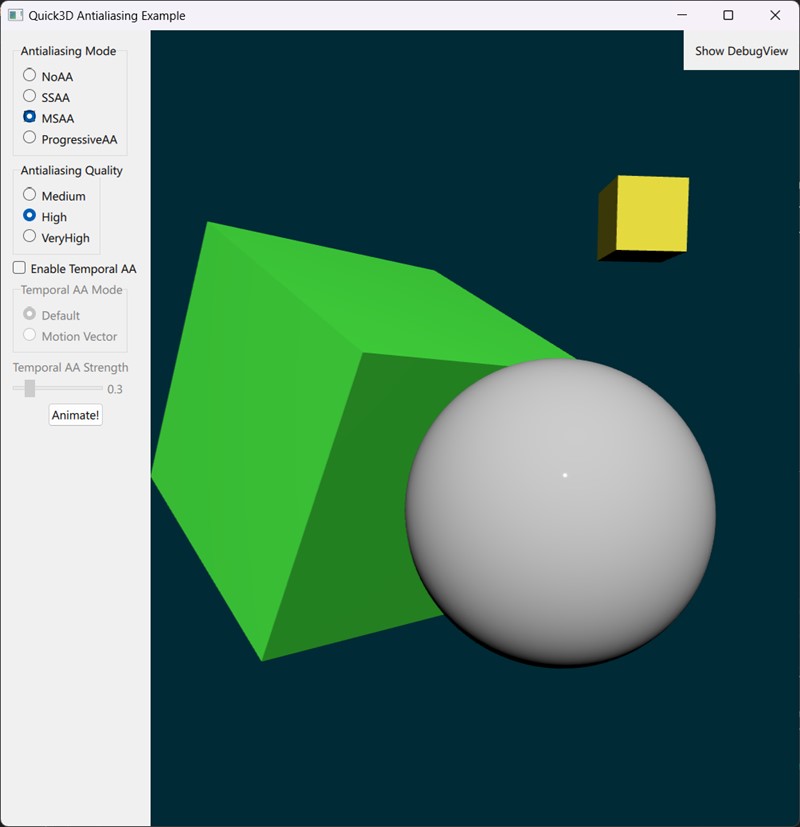 Green cube, gray sphere, and yellow cube with antialiasing settings panel