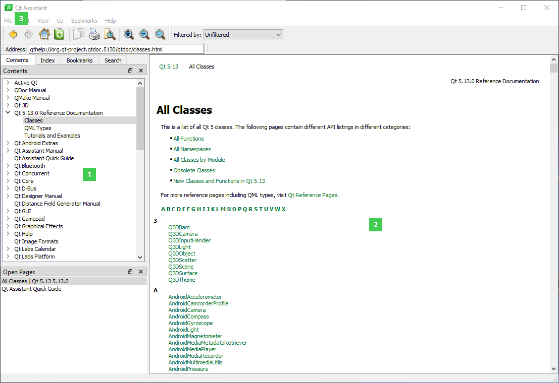 Screenshot of the Qt Assistant window with options to choose documentation of every category
