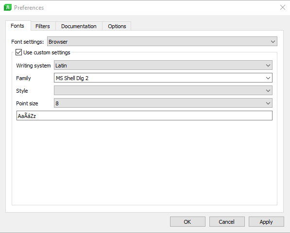 Screenshot showing the preference menu of the Qt Assistant to change font settings
