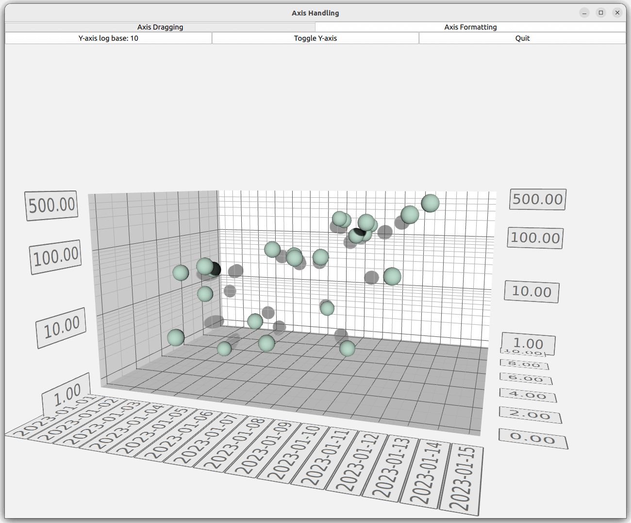 3D scatter plot with spheres and date-based axes