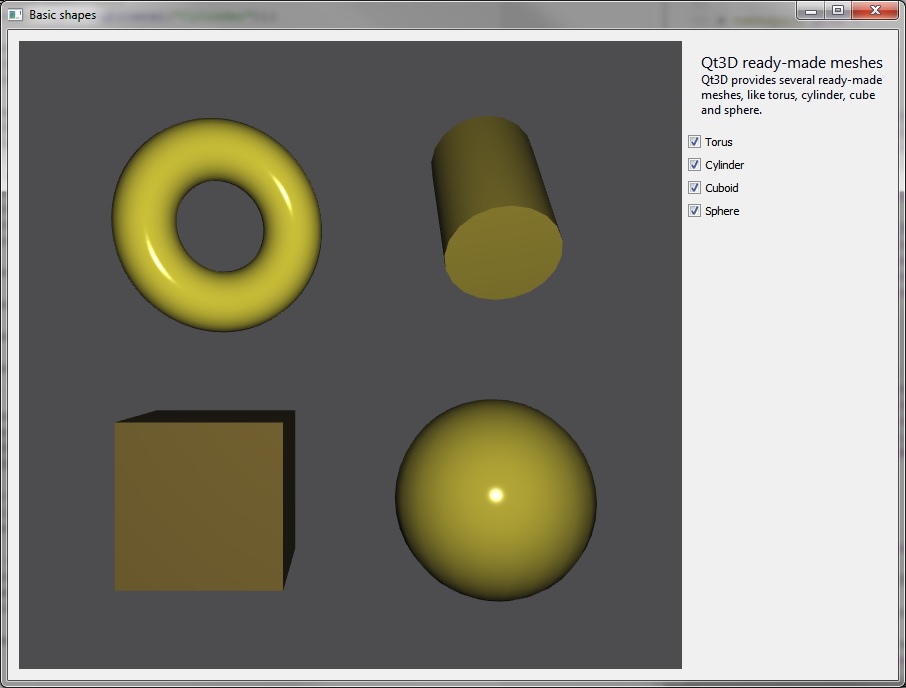 Screenshot showing four 3d objects: a torus, cylinder, cubiod and a sphere
