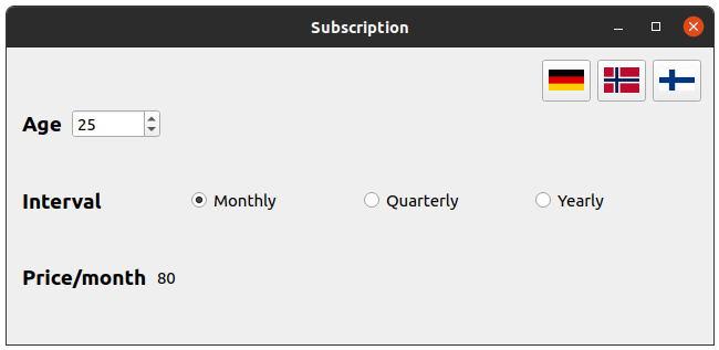 Subscription form with Age, Interval, country flags, and Price/month