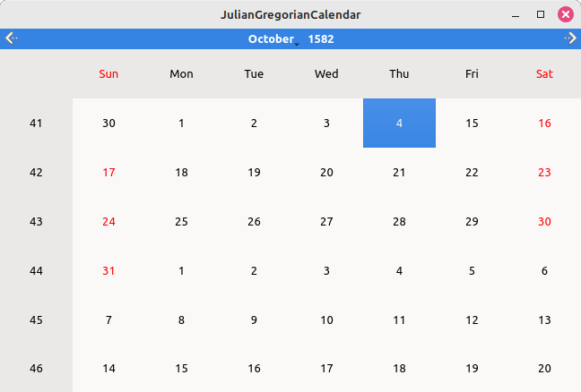 Calendar widget showing October 1582 with the Julian to Gregorian transition gap