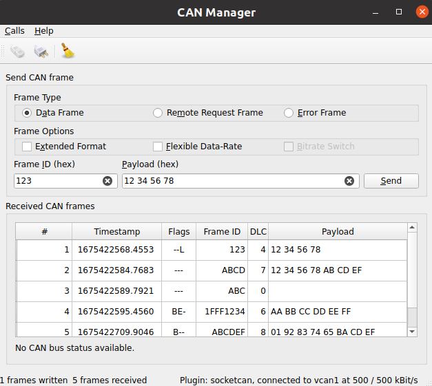 CAN Manager with Send CAN frame controls (Frame Type, ID, Payload) and Received CAN frames table showing timestamps and payloads
