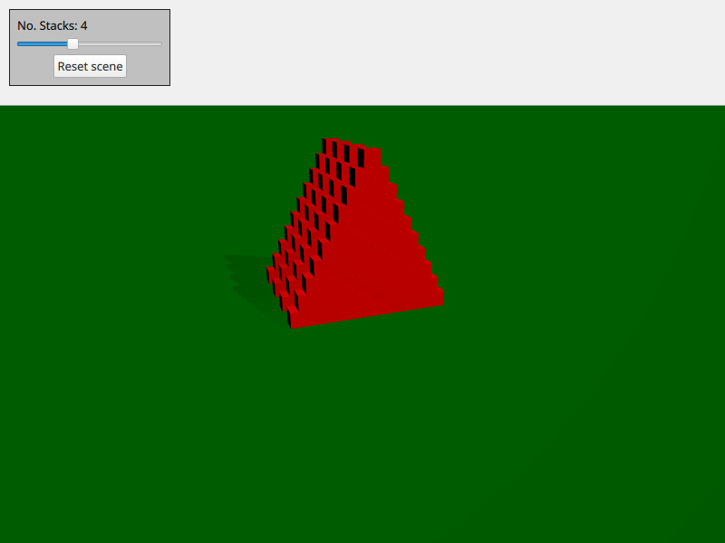 Screenshot of a green landscape with multiple red boxes forming a pyramid with a slider to control the boxes