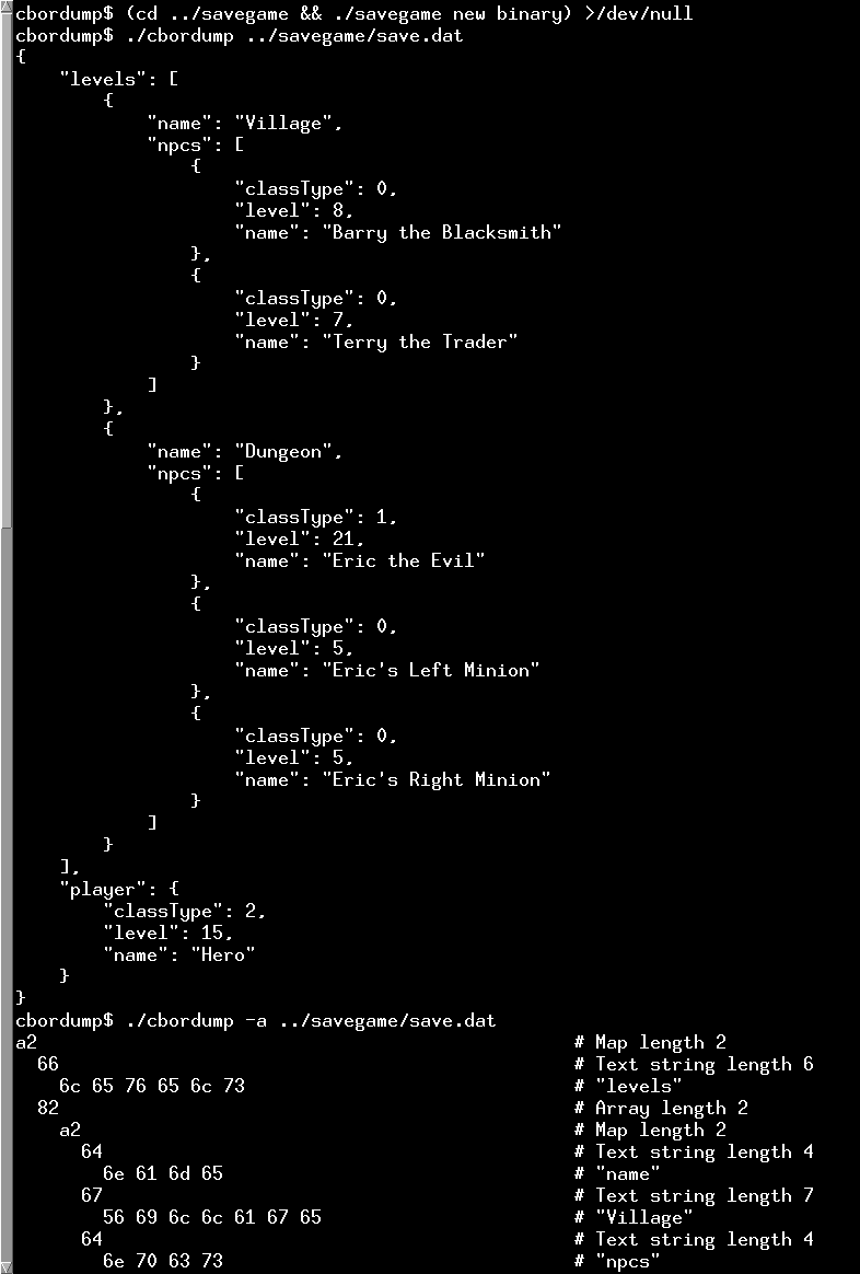 Terminal output showing CBOR data in diagnostic notation and detailed hex byte format