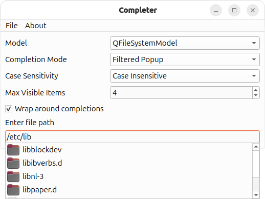 Application showing different completer options and tools