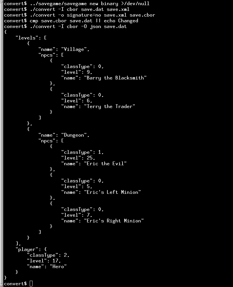 Terminal output showing JSON conversion of game save data with levels, NPCs, and player information