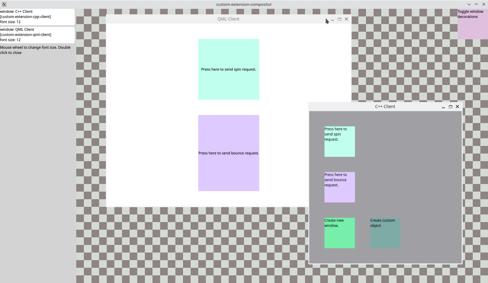 Custom compositor with two client windows labeled "QML Client" and "C++ Client", with colored panels for spin and bounce requests