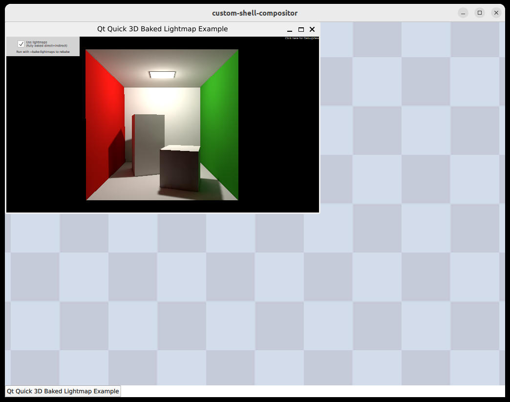 Compositor running Qt Quick 3D Baked Lightmap Example with 3D room showing red, green, and white walls and "Use lightmaps" checkbox