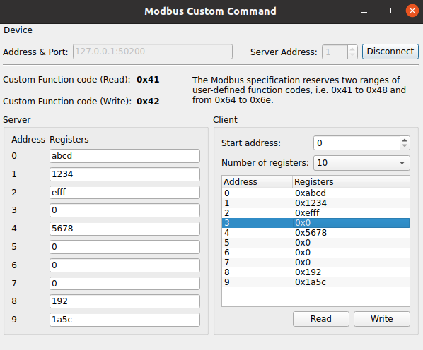 Modbus Custom Command window with Server and Client register tables, custom function codes 0x41 (Read) and 0x42 (Write)