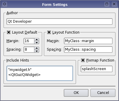 Screenshot of form settings window showing options to change author, edit layout default and function, include hints, and add pixmap function