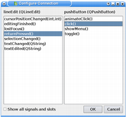 Screenshot of "Configure Connecttion" showing which functions should the connected widgets send to each other