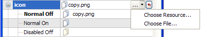 Screenshot of property editor showing the icon property with different states, Normal Off, Normal On and Disabled Off and the option to choose an image resource