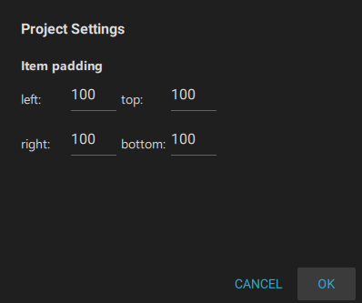 Project Settings dialog with item padding set to 100