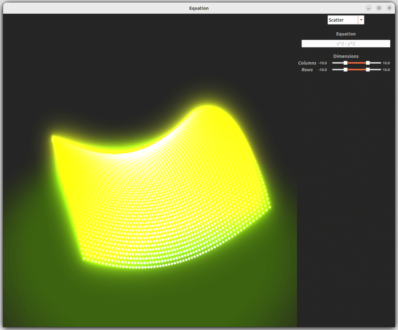 3D surface showing mathematical equation with glow effect and controls