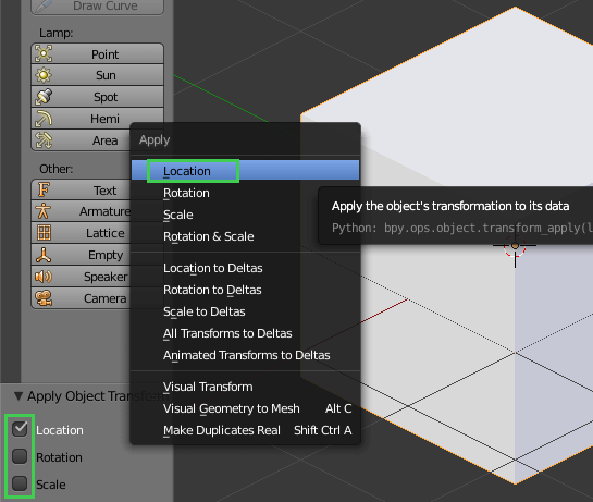Blender Apply menu showing Location option