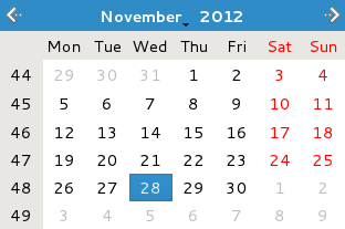 Calendar widget showing the month, year, and a selected day