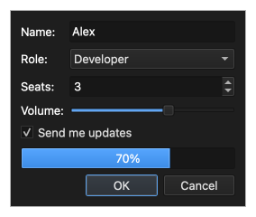 Form with text field, combo box, spin box, slider, checkbox, progress bar, and buttons in the Fusion style with a dark palette
