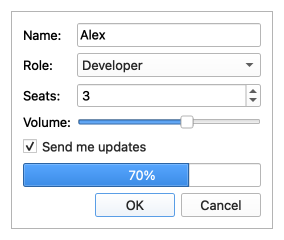 Form with text field, combo box, spin box, slider, checkbox, progress bar, and buttons in the Fusion style with a light palette
