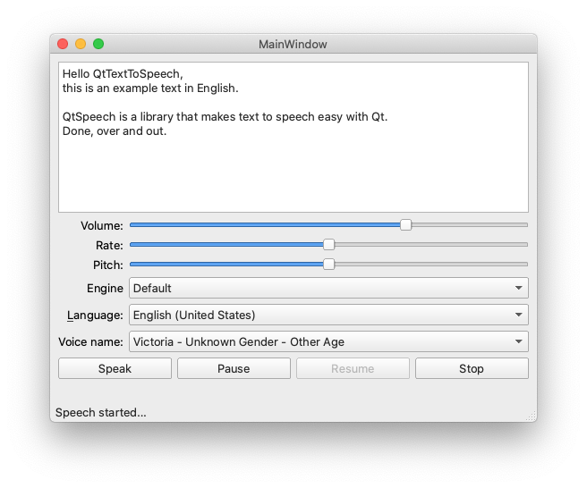 Screenshot showing a tool for text to speech with options to change volume, rate, pitch, engine language and reader voice