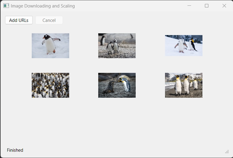 Downloaded images in a grid with Add URLs, Cancel buttons and Finished status