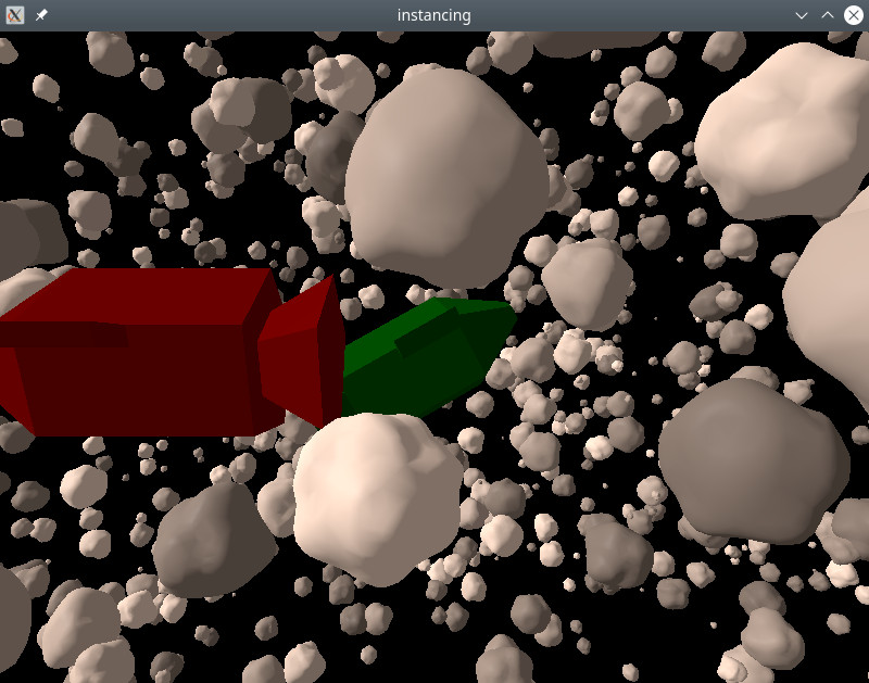 Space scene with asteroid field and two spaceships demonstrating instanced rendering