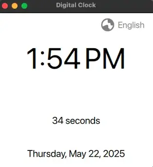 Screenshot of a digital clock in English
