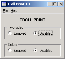 Screenshot showing the troll print in english
