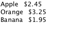 List showing Apple, Orange, and Banana with prices