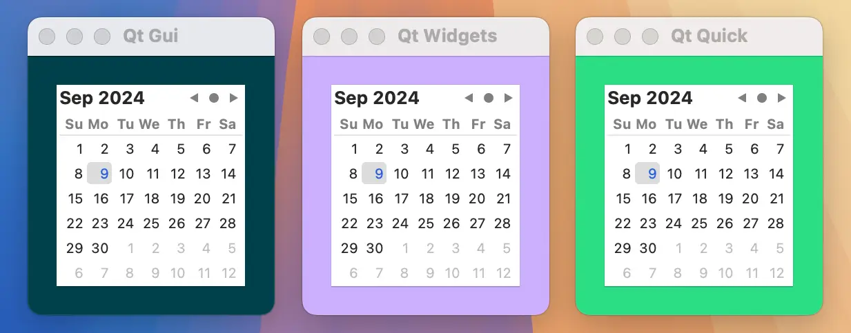 Qt GUI, Qt Widgets, and Qt Quick windows hosting a macOS calendar