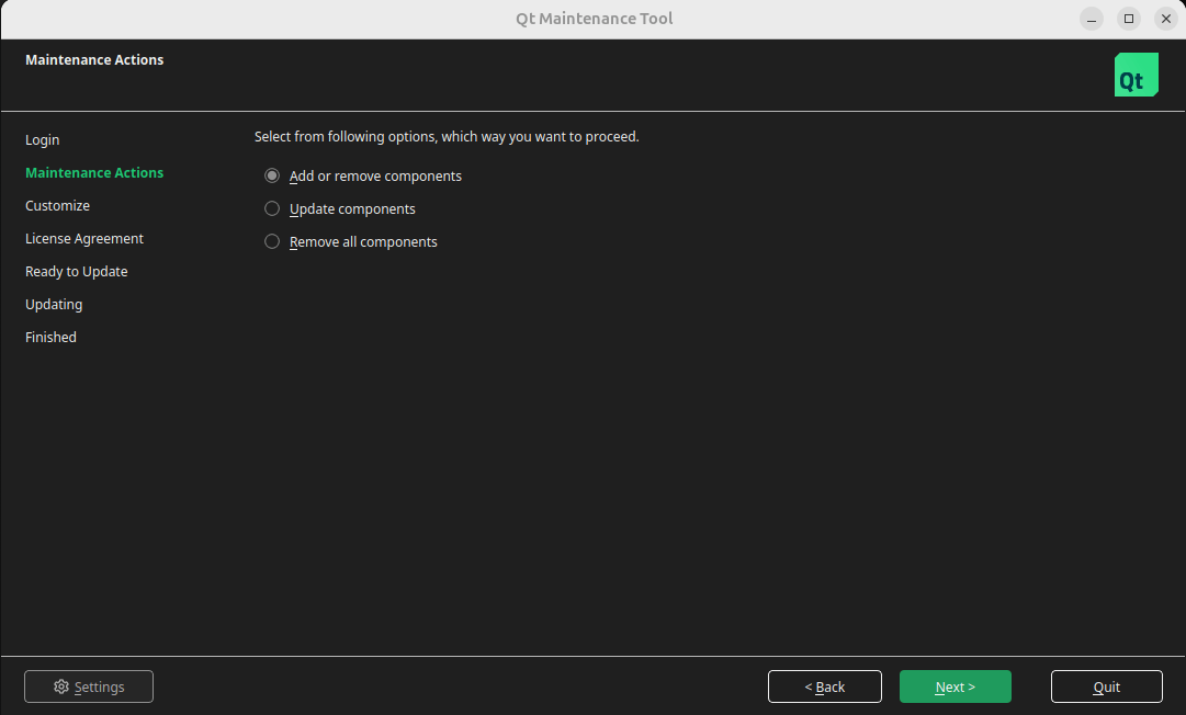 Add, remove, and update components in Qt Maintenance Tool