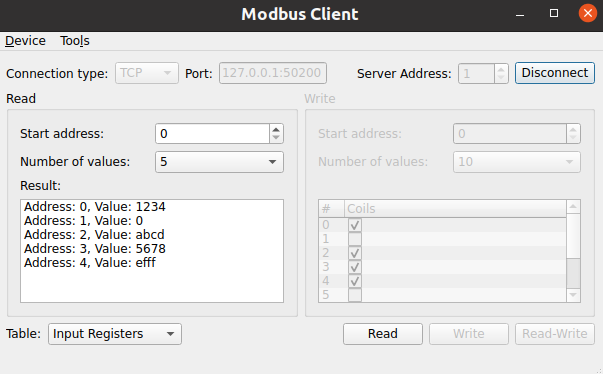 Modbus Client with connection settings, Read/Write sections, and result showing register addresses with hexadecimal values