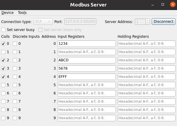 Modbus Server with connection settings, Coils and Discrete Inputs checkboxes, Input Registers and Holding Registers columns