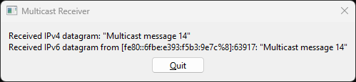Received IPv4 and IPv6 multicast datagrams with Quit button