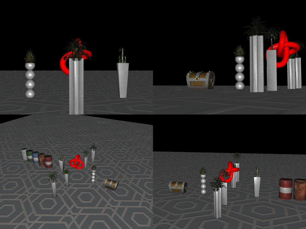 Four camera views of a 3D scene with planters, barrels, a red knot sculpture, and a treasure chest