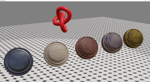 Illustration showing five 3d objects with each one having different materials