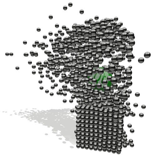 Screenshot of a scene showing a ball destructing a structure of marbles by falling on it