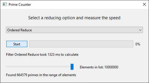 Prime counter with reduce option selector, Start button, progress bars, and prime count result